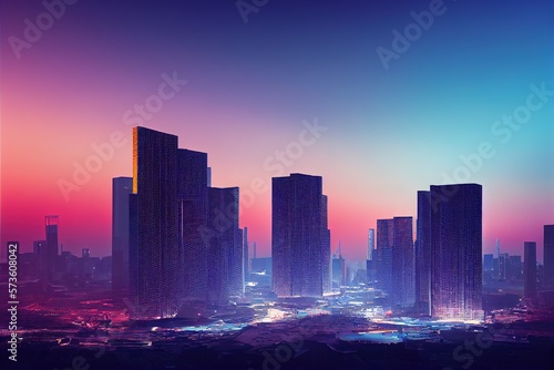 Futuristic infrastructure of a smart night city. blue neon colors. Connection technology metaverse concept.