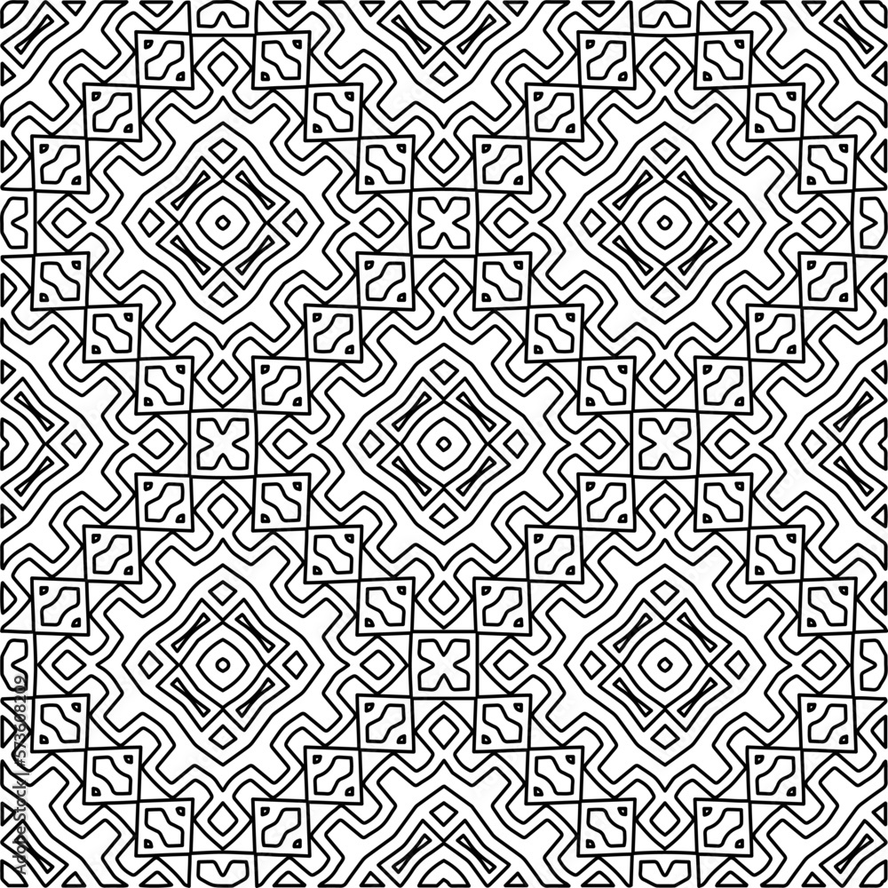 Fototapeta premium Monochrome ornamental texture with smooth linear shapes, zigzag lines, lace pattern.Abstract geometric black and white pattern for web page, textures, card, poster, fabric, textile.