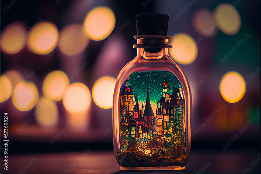 A magical little stained glass city inside a glass bottle. A magical little stained glass city inside a glass bottle.