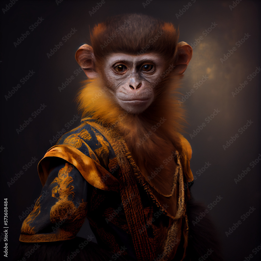 Monkey in a hat and camisole. Renaissance clothing. Monkey in a hat and camisole. Renaissance clothing.