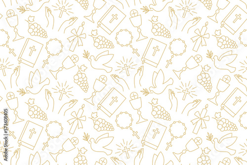 Tela seamless pattern with christian religion icons: holy communion, chalice, grapes,