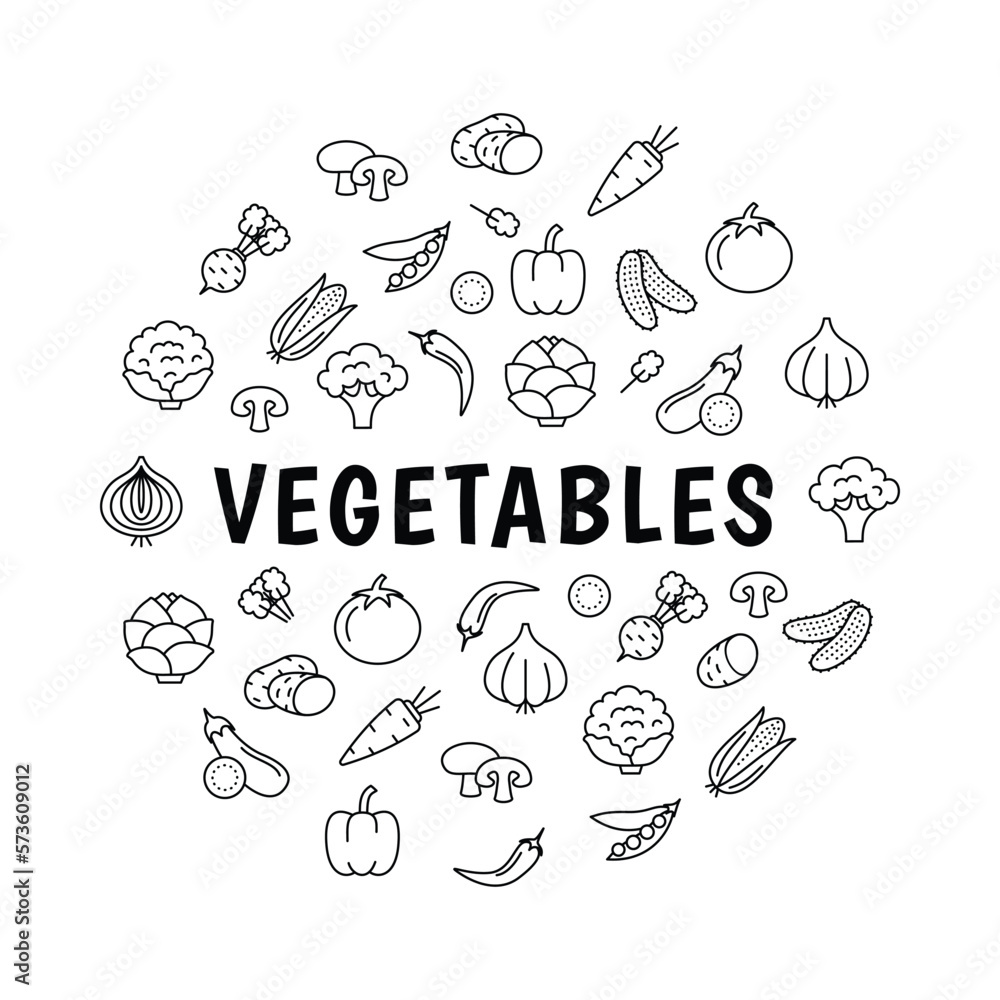 Vegetables Round Design Template Black Thin Line Icon Concept for Promotion, Marketing and Advertising. Vector illustration
