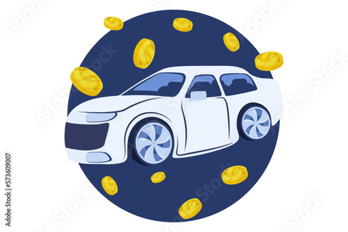 Illustration of a car side view, coins, the concept of selling or buying cars, clipart cars with coins, vector2