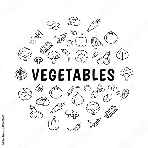 Vegetables Round Design Template Black Thin Line Icon Concept for Promotion  Marketing and Advertising. Vector illustration