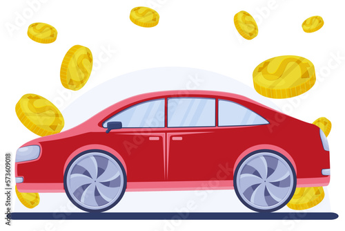 Illustration of a car side view, coins, the concept of selling or buying cars, clipart cars with coins, vector3 photo