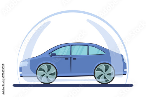 Illustration of car side view, car insurance, car protection concept, clipart car under a protective dome, vector