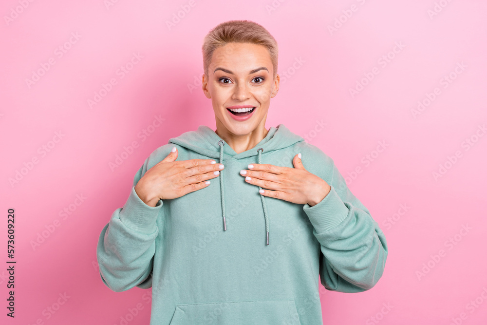 Photo portrait of attractive young woman point self excited cant believe wear trendy khaki garment isolated on pink color background