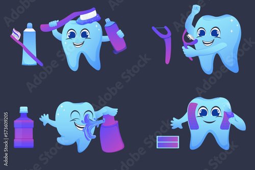Funny teeth, cliparts. Dental care funny illustrations. Brushing and toothpaste, flossing, tooth rinse, teeth whitening strips