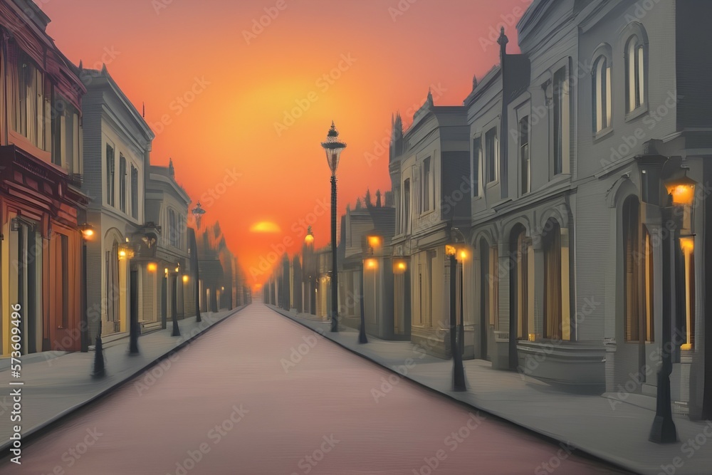 Painting of a victorian style street with sunset - generative ai