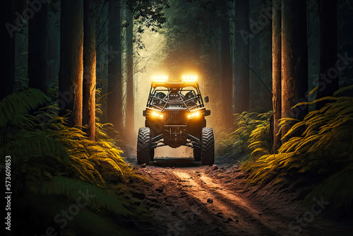off-road vehicle with atv in the forest lights way forward, generative ai