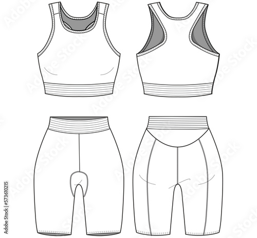 Women Yoga Suit, Women Two Piece Body Shaper, Running Suit   Front and Back View. Fashion Illustration, Vector, CAD, Technical Drawing, Flat Drawing, Template, Mockup.