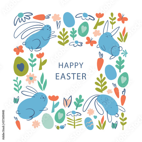 Decorative frame for Easter eggs. Greeting card with Easter eggs  flowers and leaves. Easter egg vector flat hand draw illustration