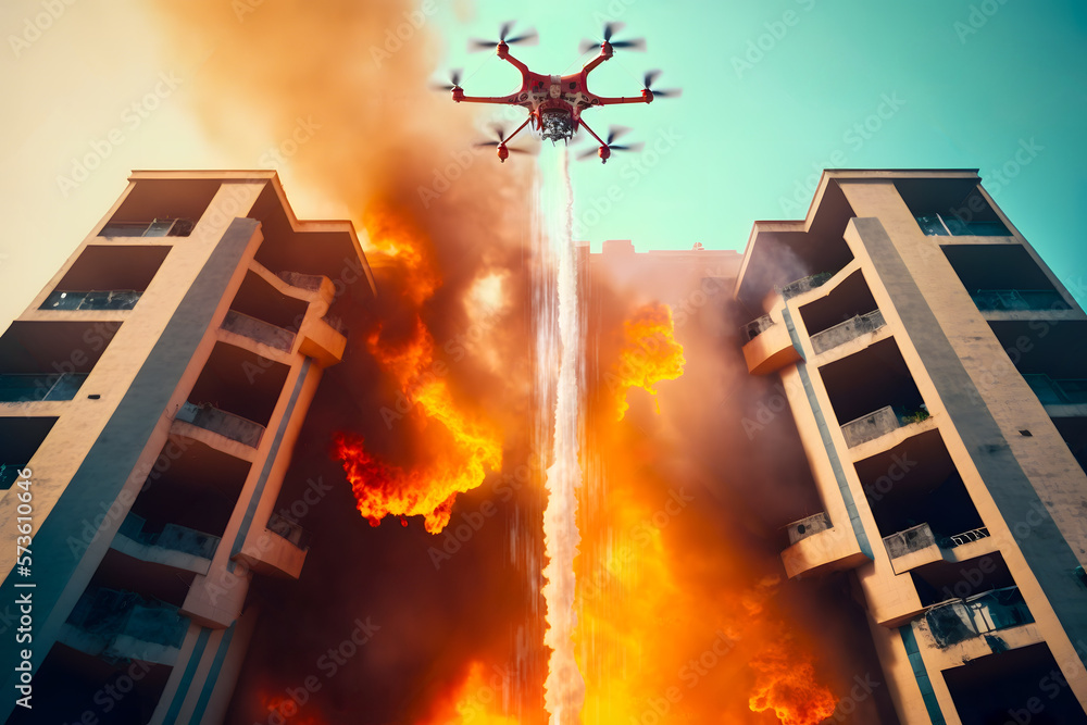 Fire fighting drone flying for extinguish a fire on a residential high ...