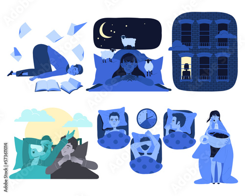 Sleeplessness with Man and Woman Suffer from Insomnia and Sleep Disorder Vector Set