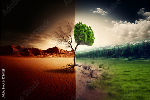 Drought and wild nature with tree. Global warming concept. AI generated