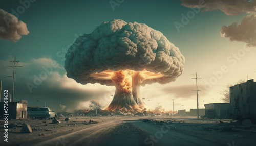 Fotografiet Mushroom cloud after atomic bomb explosion in city