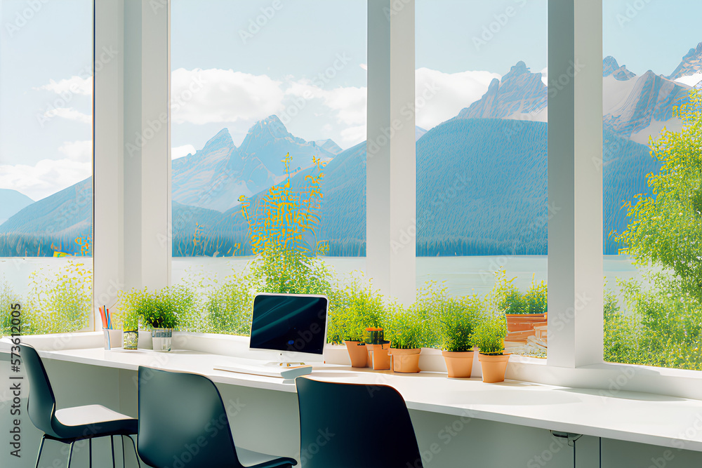 Fototapeta premium Homeoffice with beautiful mountain and lakeview, cozy with plants, created with Generative AI