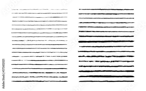 Line underline. Set strike lines black color isolated on white background. Pen stripe brush strokes. Patch pencil strips. Marker collection design. Grunge sketch thin long texture. Vector illustration