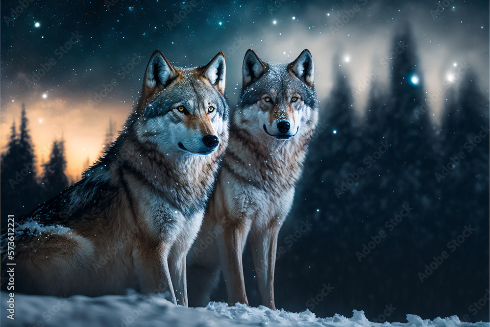 wolf in a snowy forest with the northern lights Stock Illustration ...
