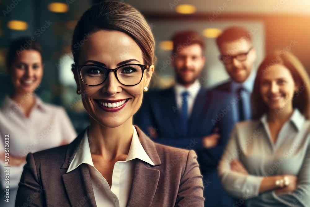 Manager or CEO with a smile, mission and vision in the office and team in the background. AI generated Manager or CEO with a smile, mission and vision in the office and team in the background. AI generated