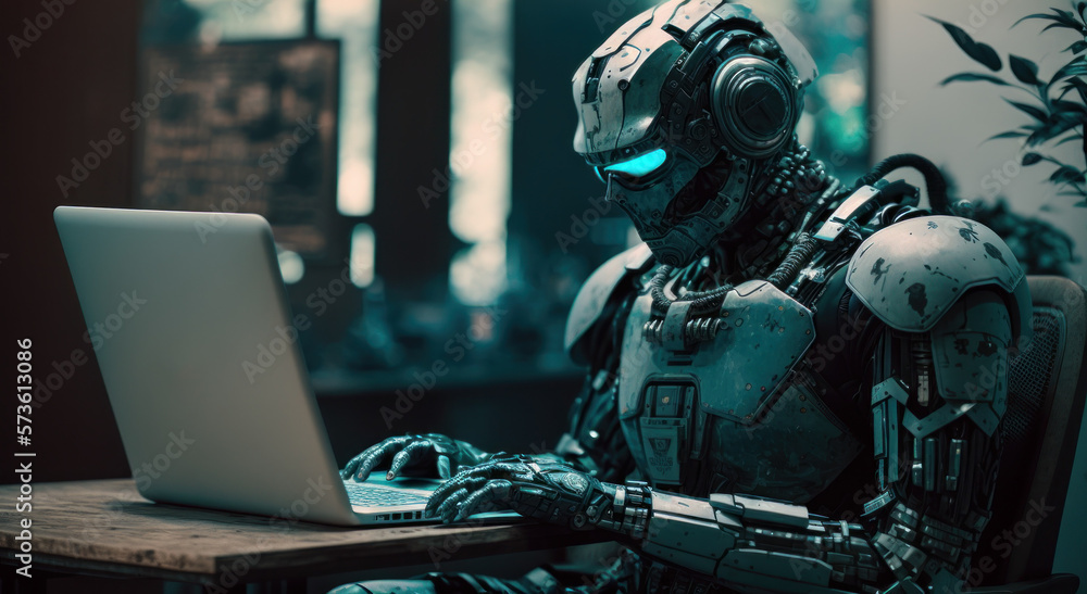 AI chatbot robot assistant sitting at desk using computer as artificial intelligence. Business concept. AI generated AI chatbot robot assistant sitting at desk using computer as artificial intelligence. Business concept. AI generated