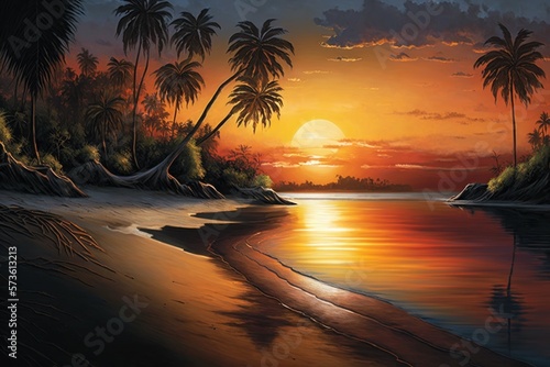 Tropical exotic beach with palm tree. AI generated