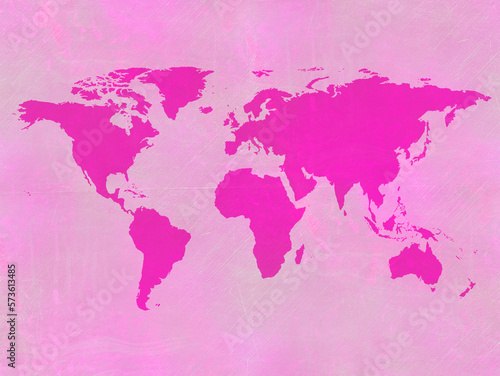 World map in pink backgrounds. Silhouettes of continents on watercolor paper. 