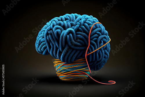 Brainstorming and brainstorm concept or psychology symbol as a creative human mind made of rope and thread in a 3D illustration style