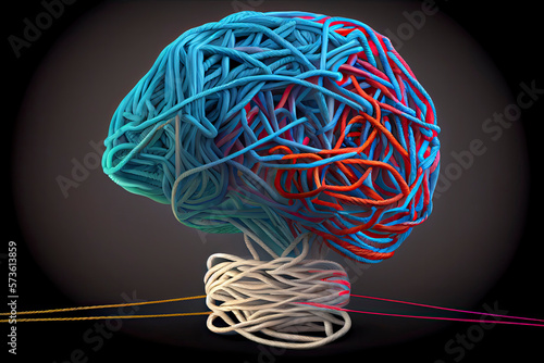 Brainstorming and brainstorm concept or psychology symbol as a creative human mind made of rope and thread in a 3D illustration style