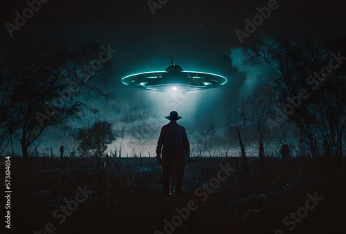 alien ship UFO approaching a cowboy at night, silhouette of an alien abduction, generative ai