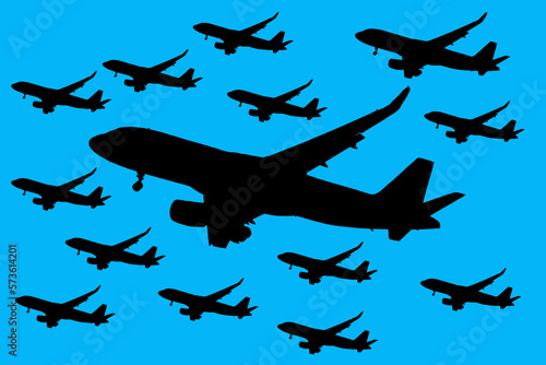 Commercial aircraft overflying the sky and arriving at airport