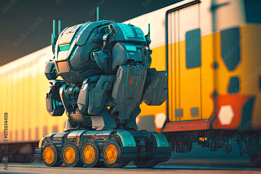 futuristic robot which is engaged in movement and transport of cargo by ...