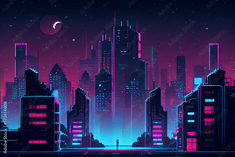 Cyberpunk neon city night. Futuristic city scene in a style of pixel ...