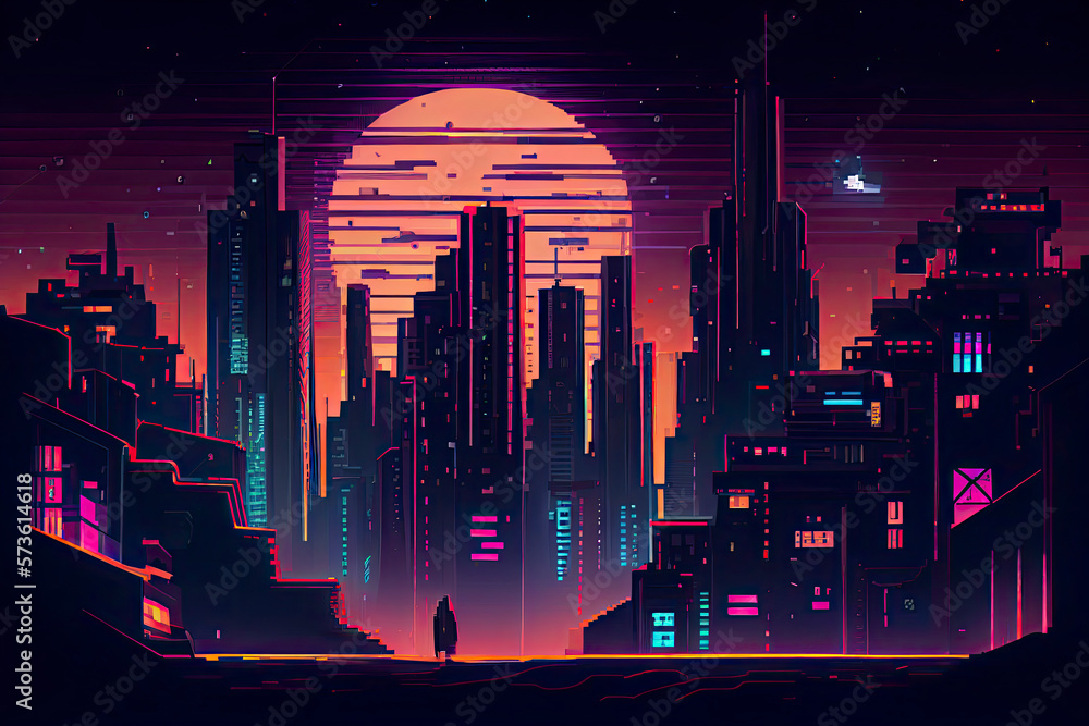 Cyberpunk neon city night. Futuristic city scene in a style of pixel ...
