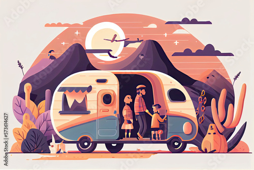 camping road trip concept, flat tiny persons vector illustration. Vacation weekend holiday journey © surassawadee