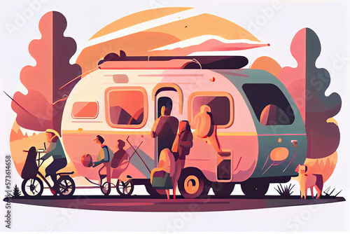 camping road trip concept, flat tiny persons vector illustration. Vacation weekend holiday journey © surassawadee