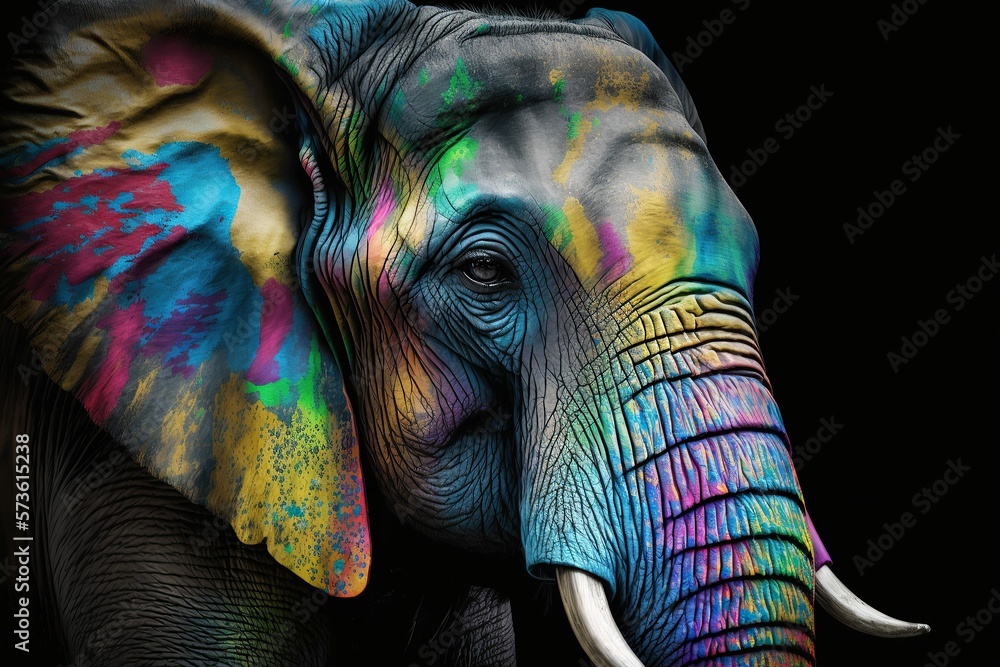 custom made wallpaper toronto digitalPortrait face of an elephant with rainbow colors paint , isolated on black, generative AI