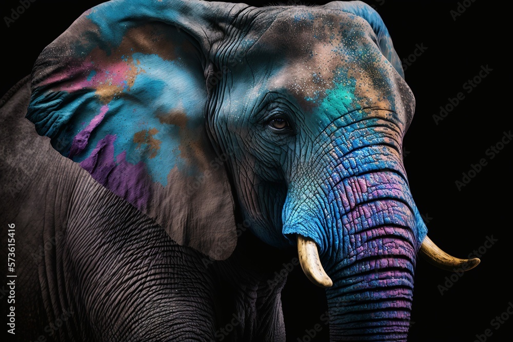 Portrait face of an elephant with rainbow colors paint , isolated on black, generative AI - obrazy, fototapety, plakaty 