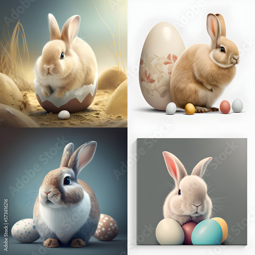 Set of adorable and super cute Easter bunny rabbit with painted easter eggs on solid background. Easter holiday concept.