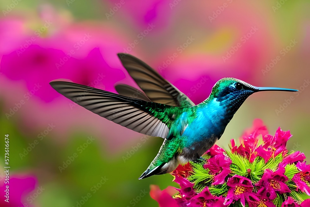 Fototapeta premium Colorful Hummingbird On Top Of Beautiful Flowers. Generative AI