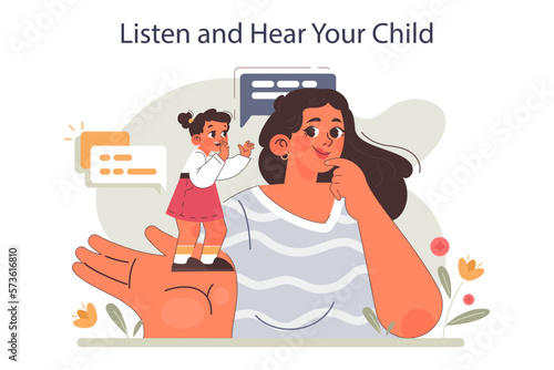 Positive parenting advice. Listen and hear your child. Mother actively