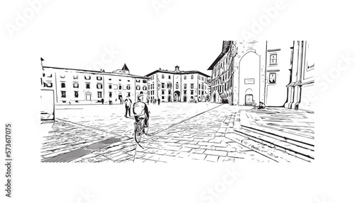 Building view with landmark of Pisa is a city in Italy. Hand drawn sketch illustration in vector.