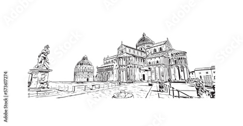 Building view with landmark of Pisa is a city in Italy. Hand drawn sketch illustration in vector.