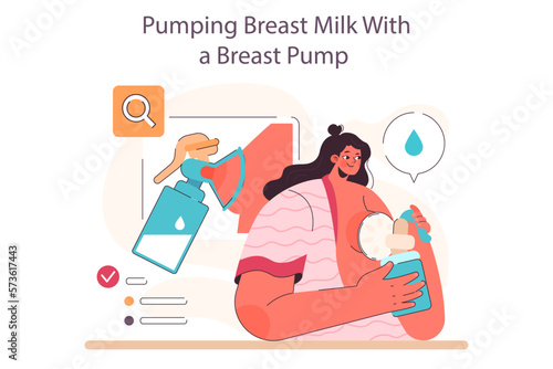 Breastfeeding concept. Breast pumping, lactating women extracting