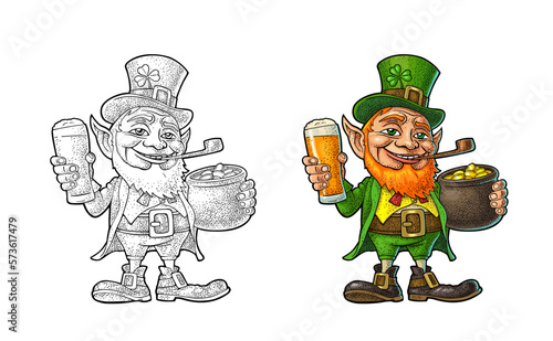 Leprechaun holding beer glass and pot of gold coins. Vector engraving.