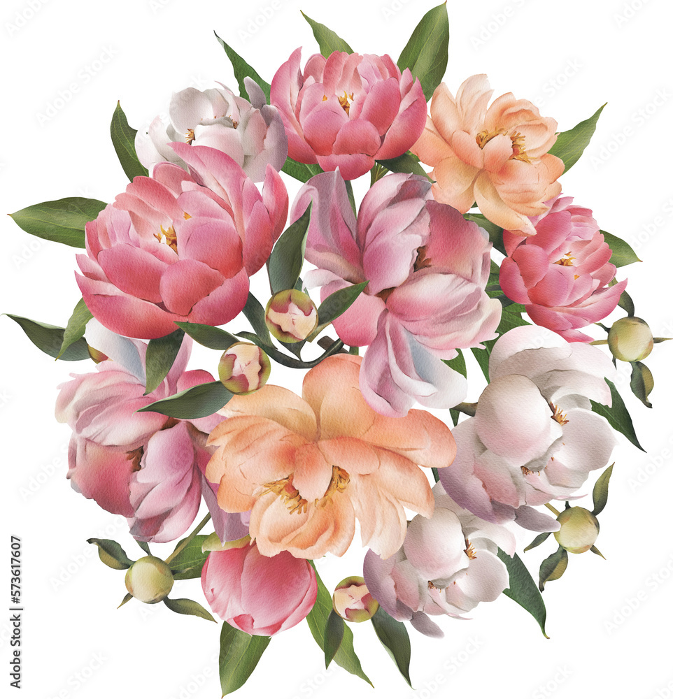 Obraz premium Floral bouquet with pink peony flowers and green leaves illustration. Summer peach garden flowers. Hand-drawn spring circular flower composition for cards design, wedding invitations, decor isolated