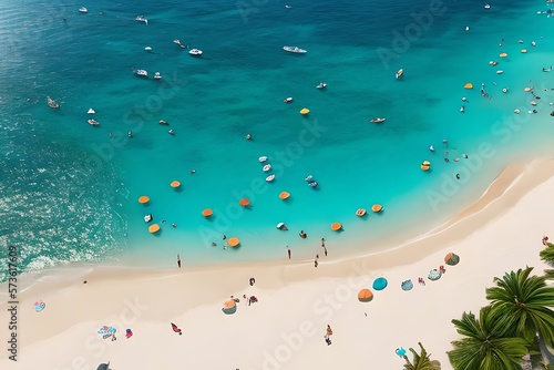 Illustration Of A Aerial View Of A Beach With Turquoise Blue Waters With Umbrellas And People Enjoying. Generative AI