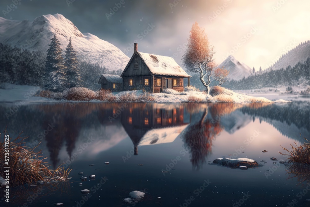 Fototapeta premium Winter house lake mountain holiday season. Snowy background cozy countryside Christmas Generative AI