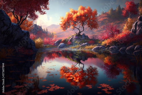 Natural autumn fall colorful tree background. Reflection nature forest mountain lake landscape Generative AI © Artem