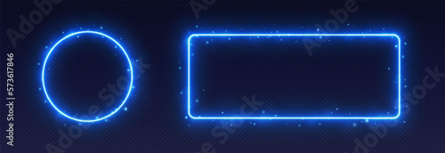 Blue neon frames with smoke and sparkles, ice borders concept. Circle and rectangle glowing elements for game UI. Vector illustration.